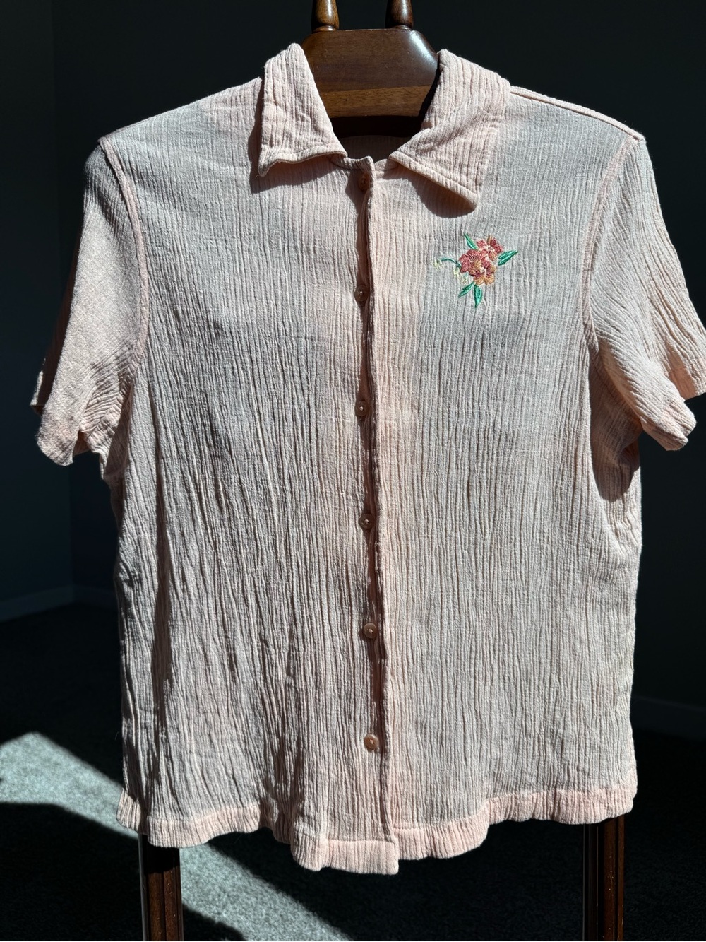Blair Textured Cotton Gauze Button Front Blouse Pink Embroidered Floral Top M